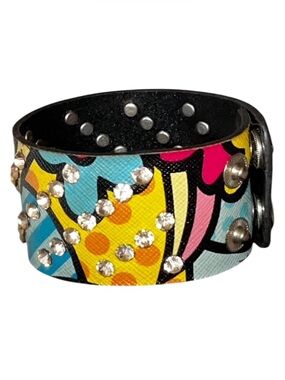 Studded Rhinestone Colorful Pop Art Faux Leather Cuff Snap Bracelet